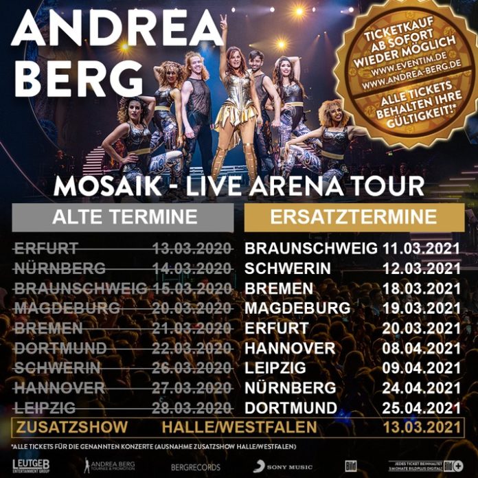 ?Mitten ins Herz!?, ?Danke für diesen unvergesslichen Abend!?, ?Was für eine Show!? Mit der MOSAIK-Live Arena Tour begeistert Andrea Berg ihre Fans in Deutschland, Österreich und der Schweiz. Die Ausnahmekünstlerin schafft hierbei in beeindruckender Weise den Spagat zwischen der effektvollen Show auf einer hochmodernen Bühne und einem emotionalen, bewegenden Konzerterlebnis.?Es waren für mich unvergessliche Abende, die ich alle tief in meinem Herzen behalten werde und für die ich aufrichtig dankbar bin. Ihr lasst mich meine Träume auf der Bühne leben. Unsere gemeinsame MOSAIK-Reise ist noch lange nicht zu Ende. Ich freue mich riesig, 2021 mit Euch gemeinsam wieder das Leben zu feiern ? noch bewusster, noch intensiver, noch dankbarer?, sagt Andrea Berg. Mit der Doppel-Live CD ? aufgenommen vor 12 000 Fans in der ausverkauften Wiener Stadthalle - bedankt sich die erfolgreichste Sängerin der deutschen Chartgeschichte nun bei ihren Fans. Zudem beinhaltet das Produkt eine DVD mit den Highlights der Show. Erhältlich ist es ab sofort im Handel und unter www.andrea-berg.de. Freuen Sie sich auf die Titel vom mit Platin ausgezeichneten Erfolgsalbum MOSAIK, viele Superhits und jede Menge Gänsehautmomente - eben 100 Prozent Andrea Berg! Ein Muss für alle Fans!Doppel-Live CD32 Live-Titel, aufgenommen in der ausverkauften Wiener Stadthalle & vier BonustracksDVDHighlights der Show in der ausverkauften Wiener Stadthalle & vier BonusvideosZum VÖ-Termin hat sich Andrea Berg eine besondere Überraschung für ihre Fans überlegt: ?Leider können wir uns derzeit nicht persönlich treffen, deshalb erfülle ich Eure Signierwünsche einfach bei mir zuhause - sozusagen eine virtuelle Autogrammstunde.?
                Die virtuelle Autogrammstunde findet heute, 08.05., um 18 Uhr auf der Facebook-Seite von Andrea Berg statt.
              Im kommenden Jahr setzt die Ausnahmekünstlerin ihre große MOSAIK-Live Arena Tour fort. Für alle Shows, die aufgrund der Corona-Pandemie behördlich verlegt werde...