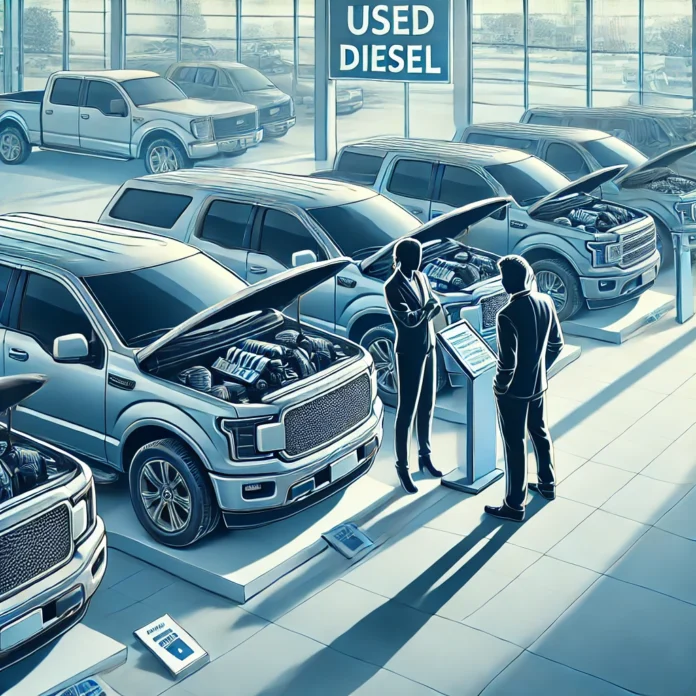 Kunde und Autoverkäufer inspizieren ein gebrauchtes Diesel-Fahrzeug in einem modernen Autohaus.