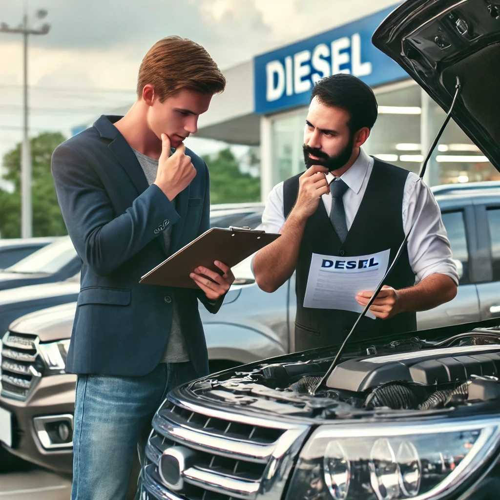 Diesel-Kauf - Autokäufer inspiziert einen gebrauchten Diesel bei einem Händler, überprüft den Motor und bespricht die Fahrzeughistorie mit dem Verkäufer.