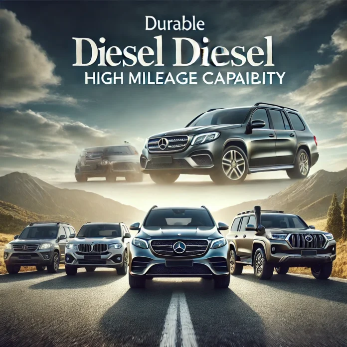 Eine Reihe langlebiger Diesel-Fahrzeuge, darunter Mercedes E-Klasse, BMW 3er und Toyota Land Cruiser, auf einer malerischen Straße.