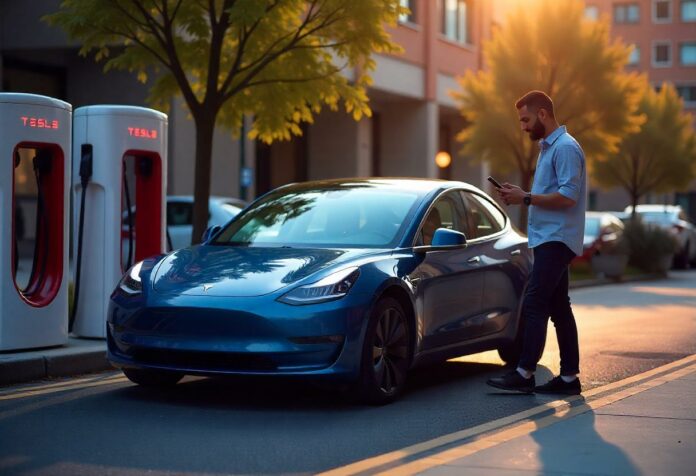 Tesla Model 3 RWD beim Schnellladen – moderner Elektroauto-Test mit Reichweitenanzeige